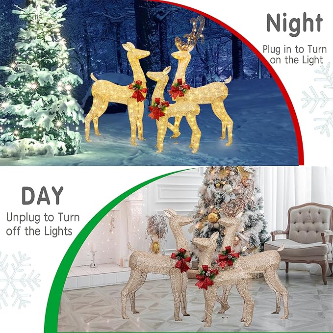 5Ft 3-Piece LED Lighted Christmas Deer Family Outdoor Yard Decorations,3D Super Large Christmas Reindeer Decor,Outdoor Lighted Holiday Deer with 360 LED Displays for Patio,Lawn & Garden-Gold