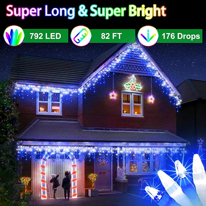 82ft 792 LED 176 Drops Christmas Lights, Outdoor Hanging lights 8 Modes and Timer Memory, Outside Waterproof Curtain String Lights for House Fence Tree Holiday Party Decorations (Blue & White)