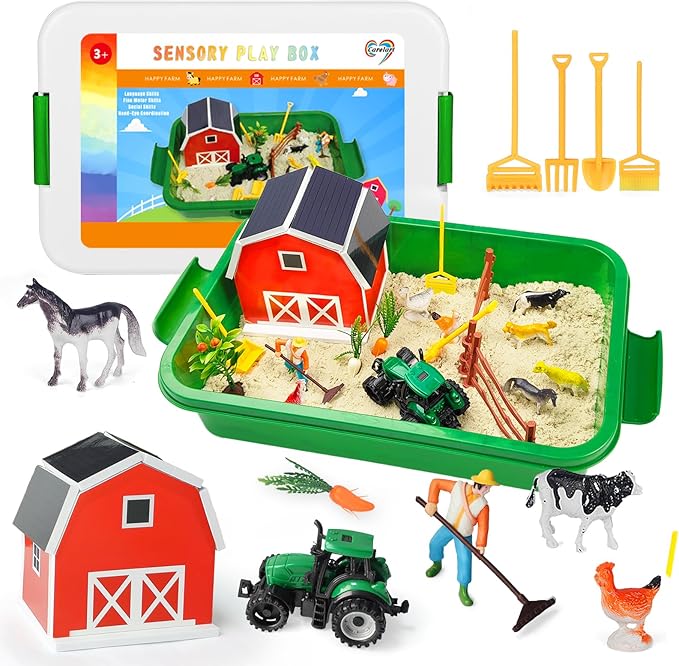 Farm Sensory Bin£¬Farm Animals Sand Kit with Sensory Sand£¬Barn Sandbox with Tractor£¬Sensory Play Sand Set for Kids 3 4 5 6 7