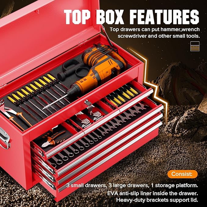Crownland 8-Drawer Rolling Tool Chest with Wheels, Lockable 2 in 1 Detachable Tool Cabinet wit Drawers and Black Liners, Garage Top Toolbox & Bottom Storage Cart with Side Hooks(Red)
