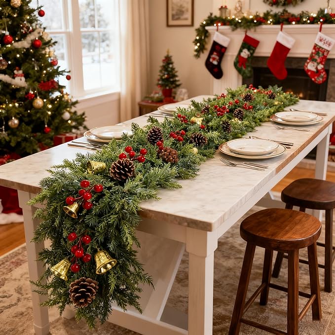 Christmas Cedar Garland Artificial Realistic 6ft Mantle Faux Pine Garlands Realistic Cypress Greenery for Indoor Outdoor Stairs Railing Fireplace Mantle Door Decor(1Pcs)