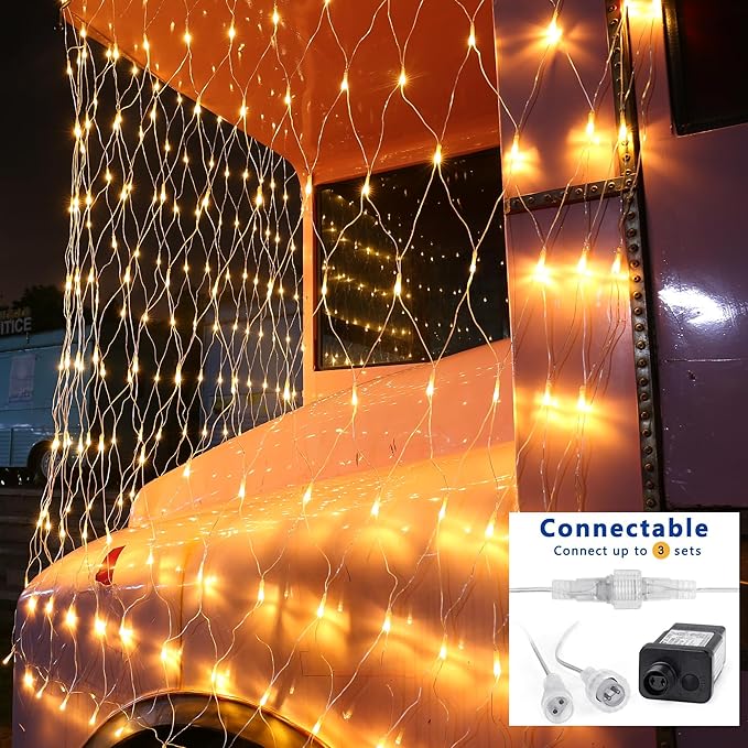 Joomer Christmas Net Lights - 12FT x 5FT 360 LED Plug-in Mesh Lights, Waterproof with 8 Modes, Timer, Connectable for Bushes, Trees, Garden, Outdoor Christmas Decor (Clear Wire, Warm White)
