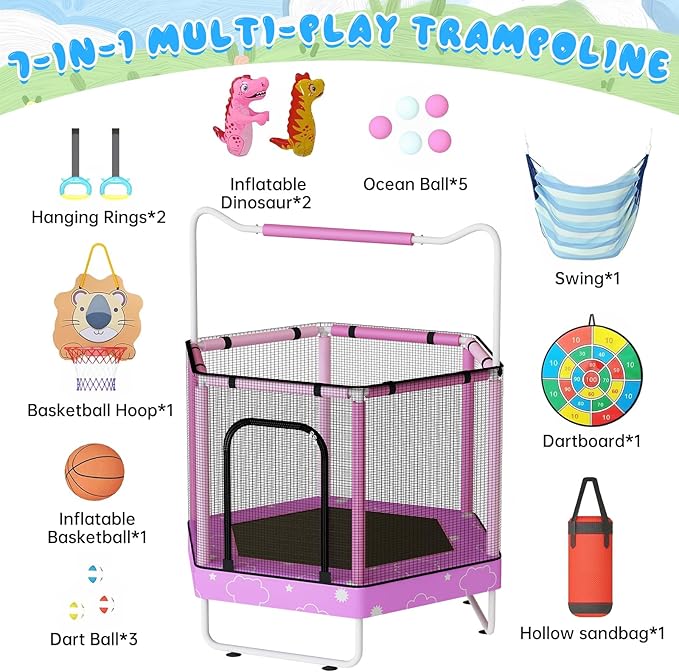 LAMERGE 55" 7-in-1 Round Trampoline for Kids Boys & Girls Ages 1-8, Indoor & Outdoor Trampoline for Fun, Adjustable Height Handrail ＆ Enclosed Safety Net ＆ Durable Designs for Toddlers Children