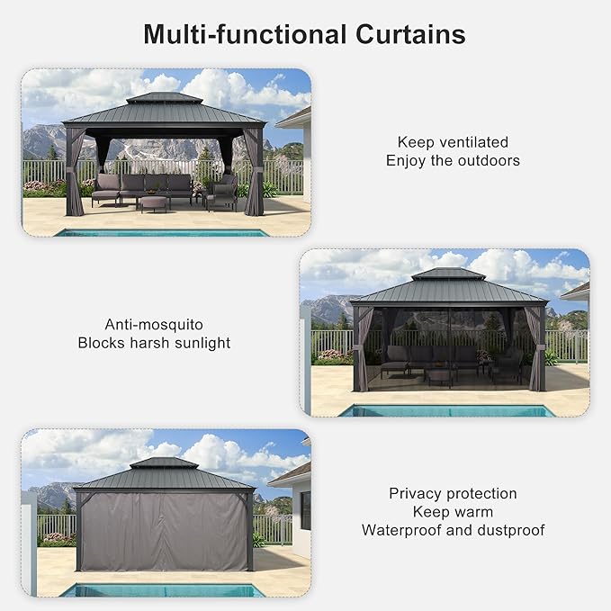 PURPLE LEAF 13' X 15' Permanent Gazebo with Metal Roof Outdoor Hardtop Gazebo with Light for Patio Lawn and Garden Curtains and Netting Included Grey