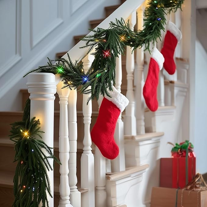 TW SHINE 9 FT Pre-Lit Christmas Garland Decorations, 50 LED Lighted Artificial Norfolk Pine Garlands with 8 Modes, Green Garland for Indoor Outdoor Table Mantle Stairs Fireplace Decor, Multi-Colored
