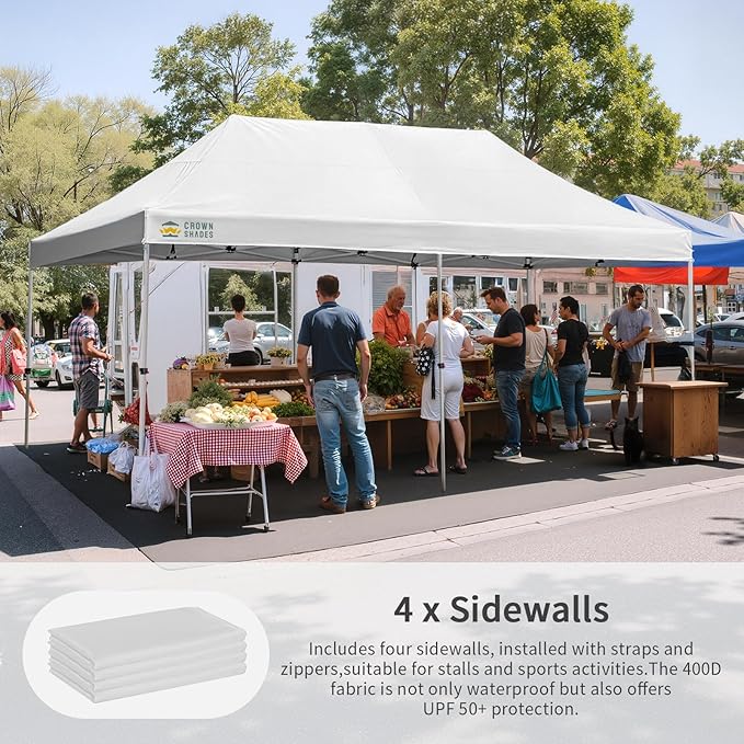 CROWN SHADES 10x20 Pop Up Canopy Tent, Thicken Frame Commercial Heavy Duty Tent, 4 Sidewalls 8 Stakes & 4 Sandbags & 4 Ropes, Outdoor Canopies for Events, Parties,White