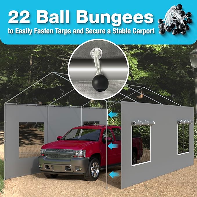Carport Canopy Replacement Sidewall 20x6.6 FT Fits 10x20, 12x20 FT Carport with Roll-up Windows, Waterproof & UV Protected, Easy Assembly with Ball Bungees, Grey (Sidewall Only, 1 Pack)
