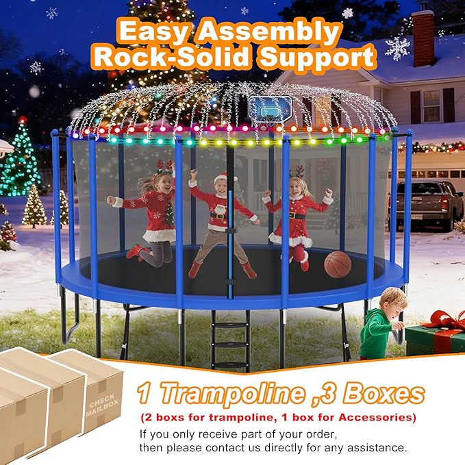 DeepRoar 2026 Upgraded 8FT 10FT 12FT 14FT 15FT 16FT Outdoor Tranpoline for Kids, Big tranpoline with Basketball Hoop, Lights, Sprinkler & Socks, Heavy Duty tranpoline 1500LB, ASTM Approved Tranpoing