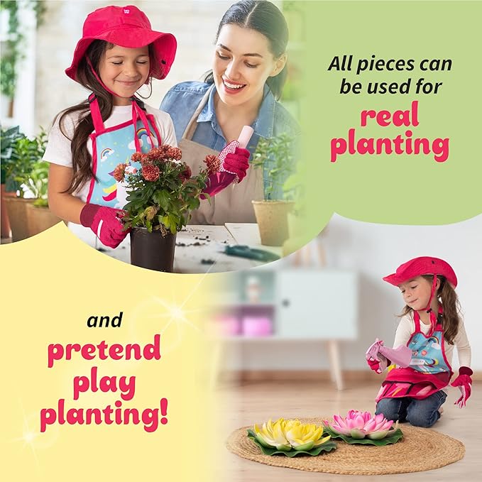 Born Toys Unicorn Kids Gardening Set for Ages 3 & Up, Includes Apron, Sun Hat, Gloves, Shovel - 11pcs Girls Gardening Kit (Pink)