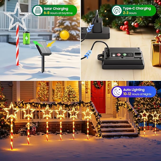 12 Pack Christmas Decorations Outdoor, Twinkling Big Star Solar Christmas Lights with 180 Bright LED and 10 Lighting Modes, Warm White Waterproof Xmas Decor for Pathway Yard