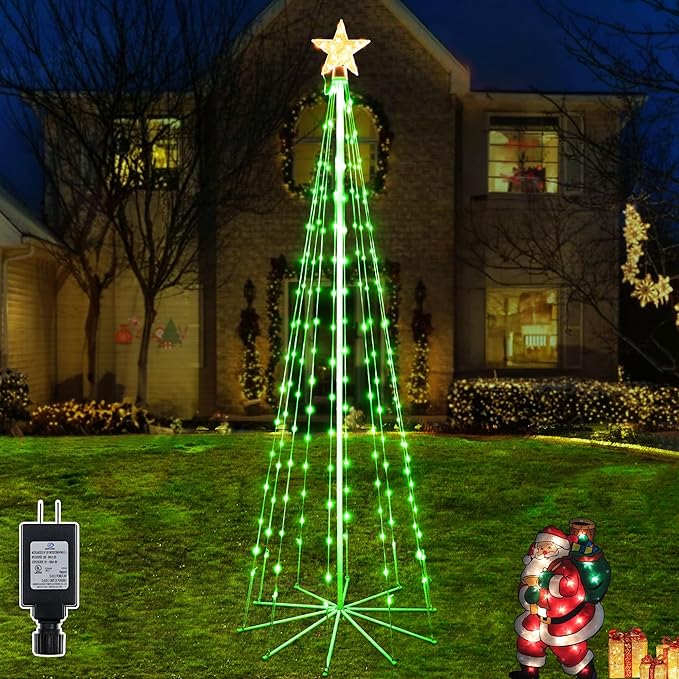 Ollny Christmas Tree Lights, 6FT 170 LED Warm White and Green Outdoor String Lights 8 Modes Timer Function IP65 Waterproof Star Light for Indoor Outside House Yard Xmas Decorations