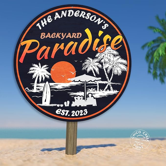 Personalized Backyard Paradise Sign, Beach Sign, Tropical Wall Decor, Hot Tub Sign, Pool Decor, Tiki Bar Patio, Made in USA 14" 100140050013