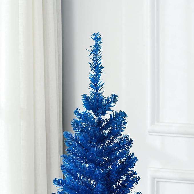 HOMCOM 5' Artificial Pencil Christmas Tree, Slim Xmas Tree with 294 Realistic Branch Tips and Plastic Stand, Blue
