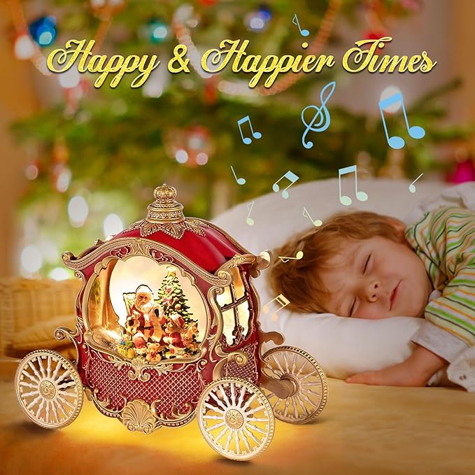 Christmas Snow Globes,Christmas Carriage Snow Globe with 8 Music & Timer, Battery Or USB Cable Powered Operated Glittering for Christmas Table Centerpiece Decoration.Gift- Santa,Christmas Tree