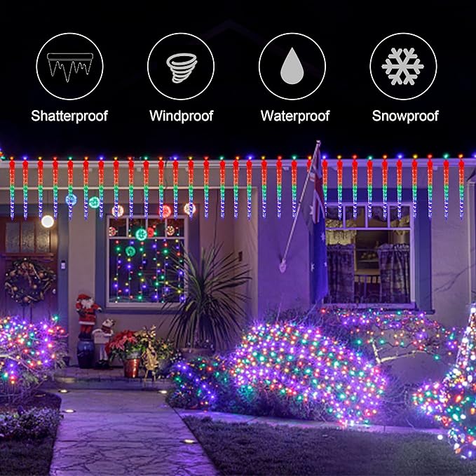 WATERGLIDE Meteor Shower Lights, 12" Outdoor Icicle Christmas Lights 8 Icicles 192 SMD LED Crystal Ice Falling Light, Connectable Raindrop Light, Xmas Winter Party Tree Holiday Decor, Multicolor