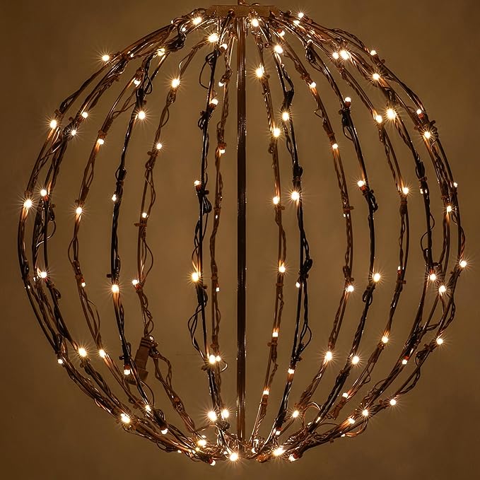 Wintergreen Lighting LED Light Ball - Indoor/Outdoor Christmas Light Balls, Fold Flat Metal Frame (16, Brown Frame, Warm White Lights)
