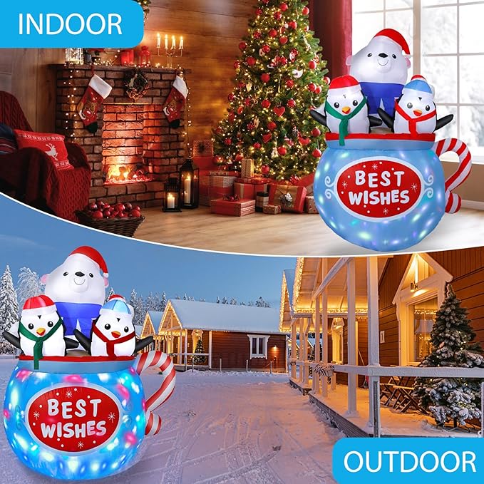 6FT Christmas Inflatables Outdoor Decs, Inflatable Polar Bear and Penguins in The Cup, Built-in Colorful LED Light, Blow Up Yard Decor for Lawn Garden Indoor Xmas Party, for Him, Her