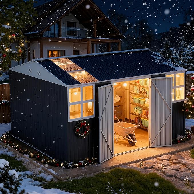12x10 FT Metal Sheds & Outdoor Storage: Heavy Duty Garden Sheds with Dual Transparent Roof Panels, 2x4-Pane Windows & Hinged Double Doors, Weatherproof Tool Shed for Backyard, Garden, Patio, Grey