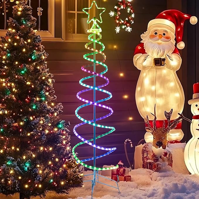 Double Spiral Christmas Tree Light Outdoor, Color Changing Remote Control Outdoor Light Up Christmas Tree with 8 Modes, 24V Plug&Play ETL Waterproof for Xmas Yard, RGB+IC, 5FT