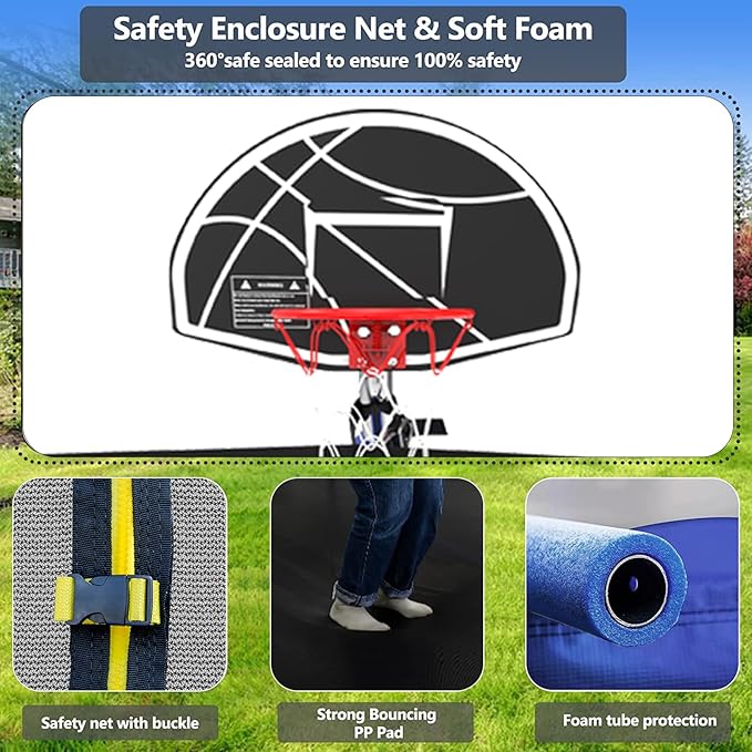 Lyromix Upgraded Trampoline 8FT/10FT/12FT/14FT With Basketball Hoop, Light, Sprinkler, Stakes - Outdoor Backyard for 4-6 Kids and Adults