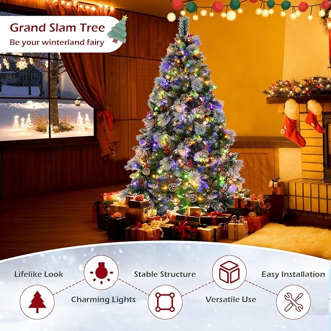 GOFLAME 6FT Pre-Lit Christmas Tree with Pine Needles, Hinged Artificial Xmas Tree with 747 Branch Tips, 350 LED Lights, 55 Pine Cones & 55 Red Berries, Holiday Decoration Tree with 11 Lighting Modes
