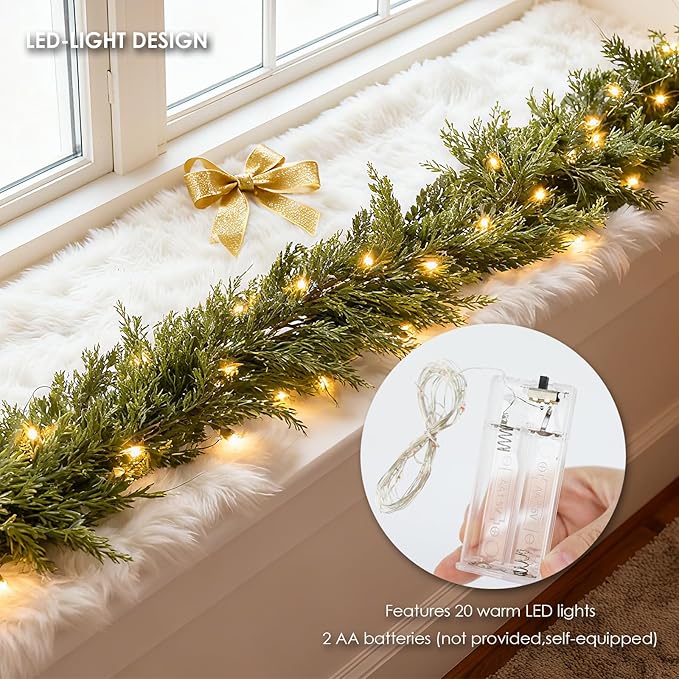 Christmas Cedar Garland with Light Mantle Decor 6ft Realistic Lighted Faux Pine Garlands for Home Decoration Indoor Stairs Railing Fireplace Outdoor 2pcs