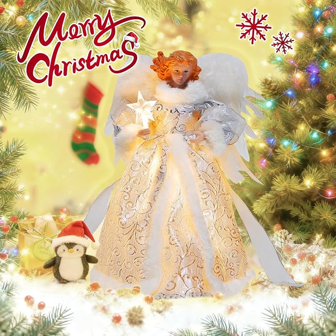 Christmas Tree Topper Angel – 12" Lighted Angel Christmas Tree Topper with Lights, Xmas Tree Toppers Decorations Ornament with White Feather Wings, for Holiday Home & Christmas Decorations