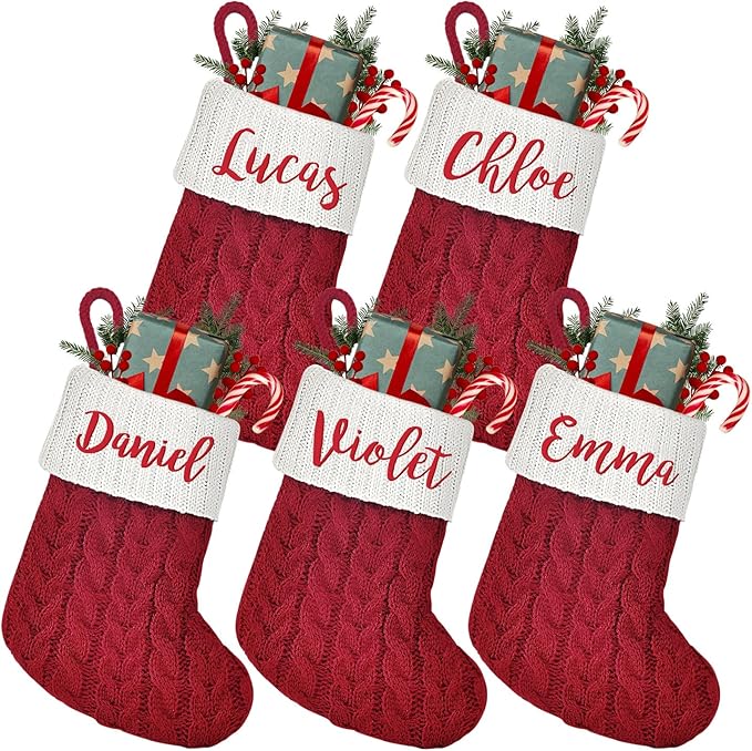 Mini Custom Christmas Stockings with Names - 6" W x 7" L Burgundy Red Personalized Christmas Stockings, Kids Family Small Knitted Xmas Stocking for Fireplace Decoration, 5 Pack