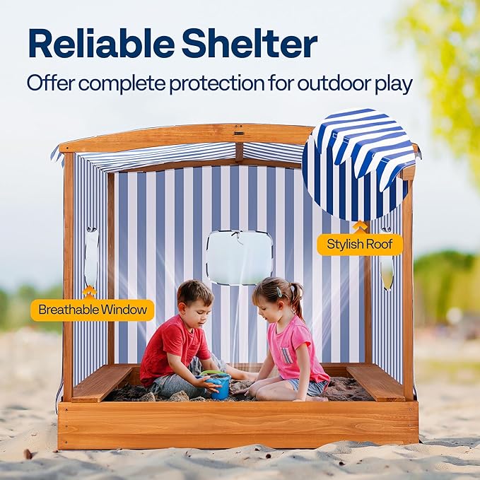 VIVOHOME 58x48in Wood Sandbox with Detachable UV-Blocking Canopy & Ventilation Windows, Spacious Outdoor Play Area with 3 Sturdy Benches, Bottomless Drainage Design for Kids 3+