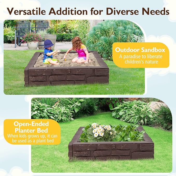 GLACER Sandbox with Cover, 47x 47 HDPE Sand Box w/Oxford Cover, Bottom Drainage Oxford Liner, All Weather Resistant Sand Pit in Backyard Lawn Garden Beach for Kids (Brown)