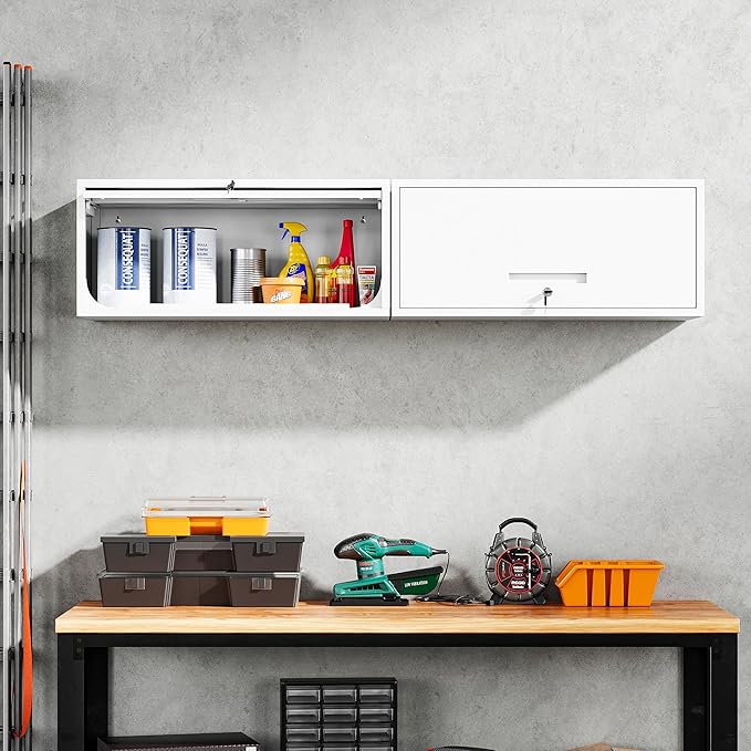 Yizosh Metal Wall Cabinet with Doors, Wall Mounted Storage Cabinet - Floating Tool Cabinet for Kitchen, Basement, Warehouse (White, 13.7 H)