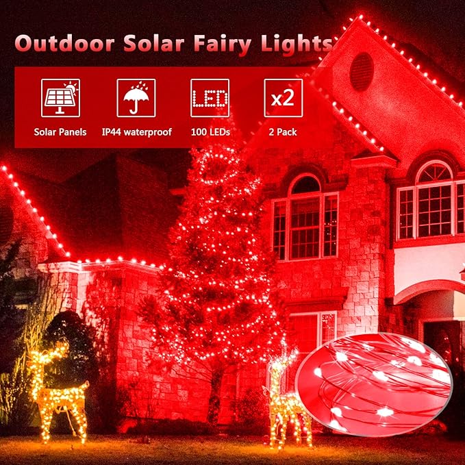 JMEXSUSS 2 Pack Red Solar Lights Outdoor Waterproof, Each 33FT 100 LED Red Christmas Lights, Solar Fairy String Light for Outside Tree Party Patio Christmas Halloween Decorations