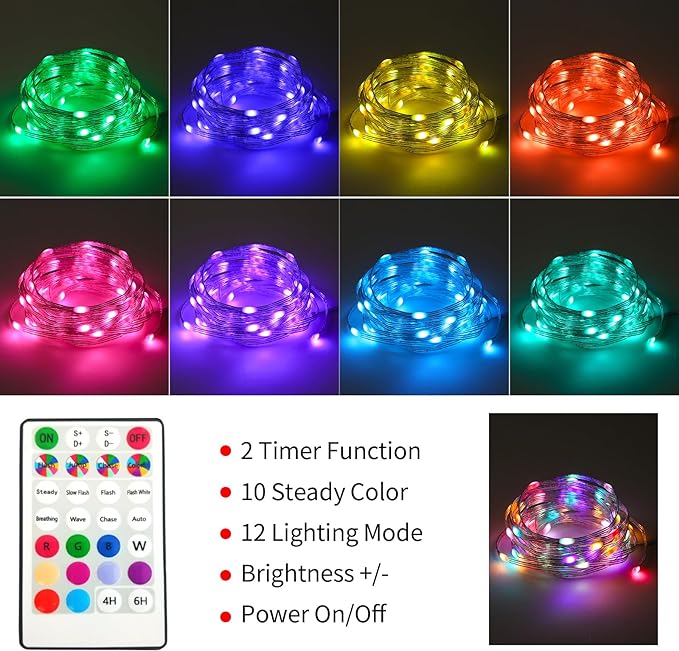 Battery Operated Fairy Lights Color Changing String Light with Remote, 16.4FT 1-Pack Twinkle LED Lights USB Plug or Battery Powered, Outdoor Christmas Decorations for Bedroom Party Indoor