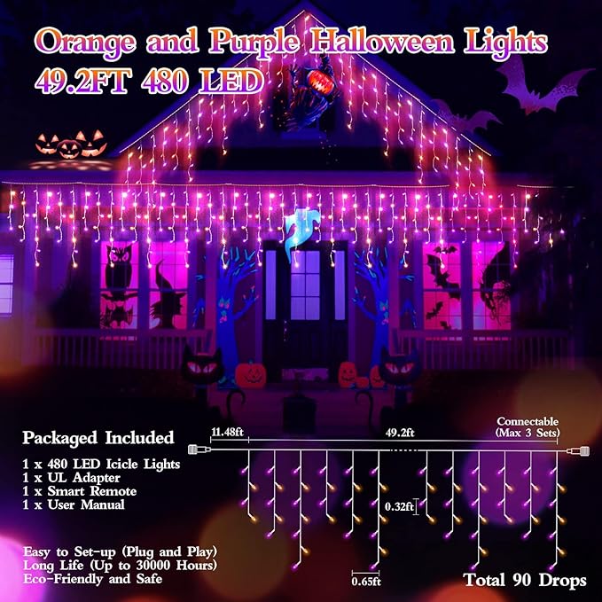 480 LED 49FT Halloween Lights Plug in 12 Modes with Timer Dimmable Halloween Decorations Outdoor Waterproof Indoor Window String Lights for Roof Porch Garden Holiday Wedding Party Decor Orange+Purple