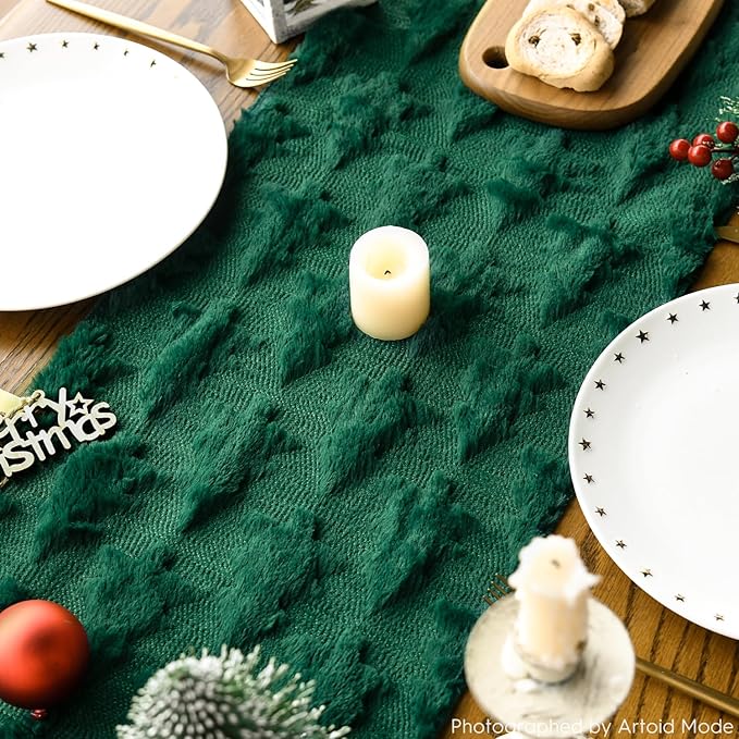 Artoid Mode Christmas Trees Green Soft Plush Faux Fur Jacquard Christmas Table Runner, Holiday Kitchen Dining Table Decoration for Home Party Decor 13x90 Inch