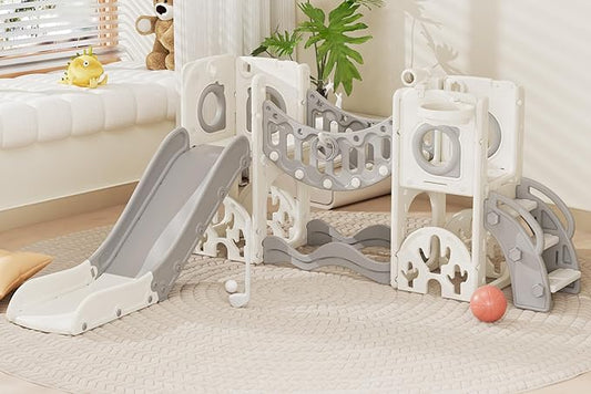 Toddler Playground Playset with Climbing Arch, Golf Set, Slide & Basketball Hoop - Outdoor Toys, Safe & Durable Plastic Garden Equipment (White Gray, Without Swing)