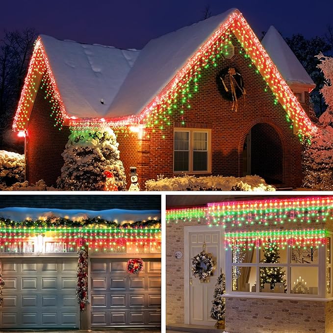Led Christmas Lights Outdoor Christmas Decorations Hanging Light 400LED 8 Modes 75 Drops, Waterproof Outdoor Indoor Fairy Xmas Lights for Party, Holiday, Wedding, Home Decorations (Red and Green)