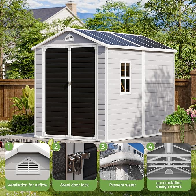 HUSFU 8x6 FT Outdoor Storage Shed with Floor and Lockable Door,Waterproof Resin Tool Shed for Garden, Backyard, Patio,Perfect to Store Patio Furniture,Light Grey