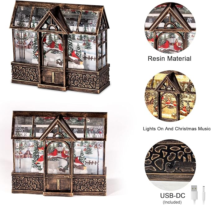 Christmas Lantern Snow Globe, Cardinal Music Box with 8 Songs, 6H Timer Battery Operated & USB Powered Suitable for Christmas Home Decorations Holiday Table Party Decor Gifts