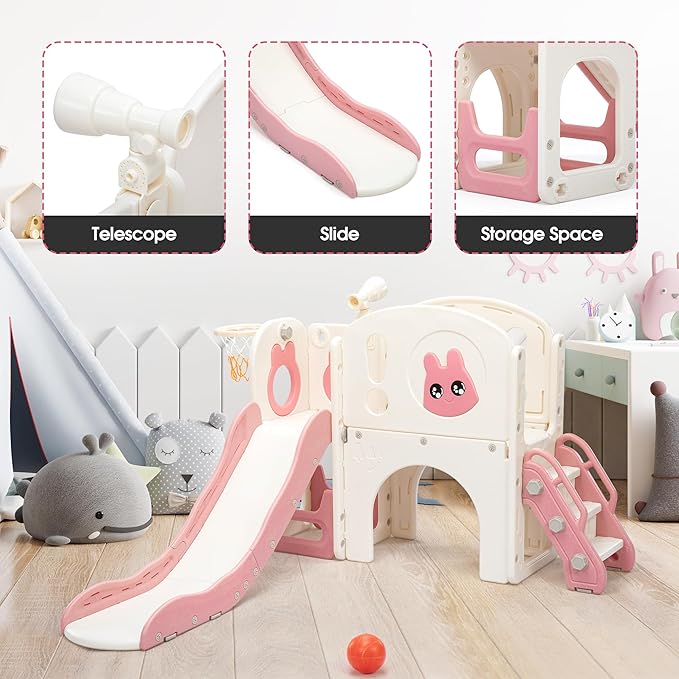 8-in-1 Toddler Slide and Climber Playset, Kids Slide Playground with Stairs, Tunnel, Telescope, Storage, Basketball Hoop and Ball, Indoor Outdoor, 1-3 Years Old, Pink