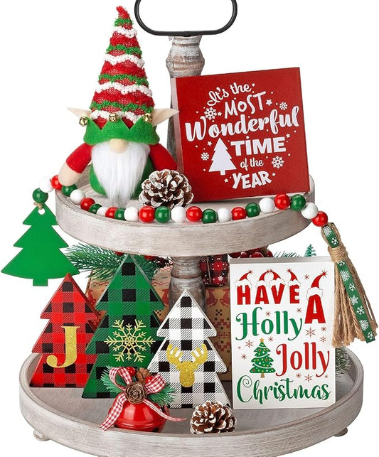 Christmas Tiered Tray Decor 10 PCS Christmas Decorations for Home - Christmas Table Decor Wooden Signs & Christmas Gnome Plush Set - Farmhouse Christmas Tray Decor Kitchen Table Mantel Christmas Party