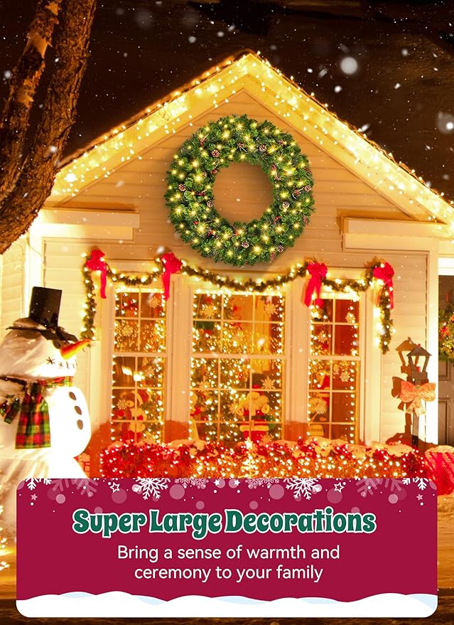 Brightown 48-inch Large Christmas Wreath with Timer and Memory Function, Featuring 200 Warm White LED Lights, PVC Pine Needles, Leaves, Red Berries and Cones, for Doors, Walls and Mantels, Plug-in