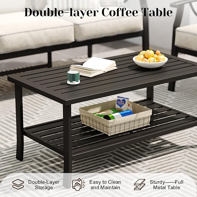 Outdoor Patio Furniture Set, 3 Pieces Metal Patio Conversation Set with Side Table for Garden Porch Backyard, Black