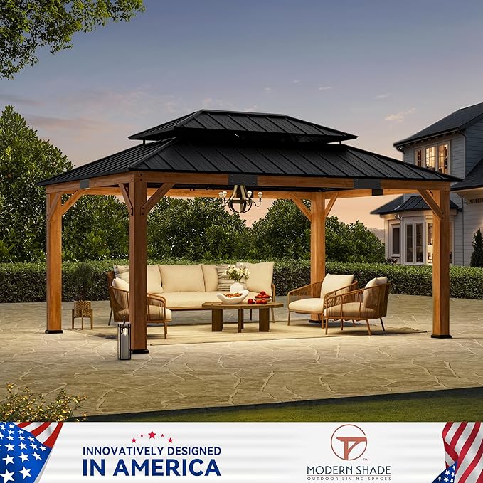 Modern Shade Rosewood Wood Gazebo 12' x 16', Cedar Framed Grill Gazebo with Double Galvanized Steel Roof, Permanent Hardtop Pavilion with Sturdy Hooks for Garden, Backyard, Patio, and Deck