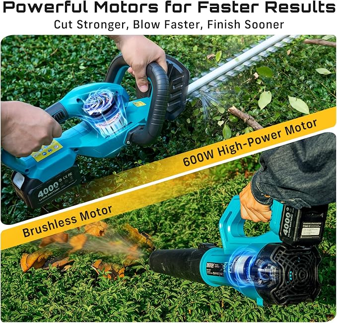 SEESII Cordless Hedge Trimmer and Leaf Blower Combo, 2 Pcs 4.0Ah Batteries, Electric Handheld Bush Trimmer with 20 Dual-Action Blade, Lightweight Brushless Blower with 2 Speed Modes for Yard Garden