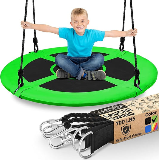 SereneLife Saucer Swing with Tree Hang Kit, 40¡± Outdoor Tree Swing, 2 Adjustable Hanging Rope Straps and Center Swivel Spinner for Kids (Green)