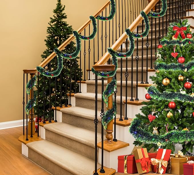 32 Feet Christmas Garland with Lights, DIY Christmas Tree Wall Corner Decor Artificial Garland with Butterfly, Flower and Balls, Battery Operated (Battery Not Included) for DIY Decoration