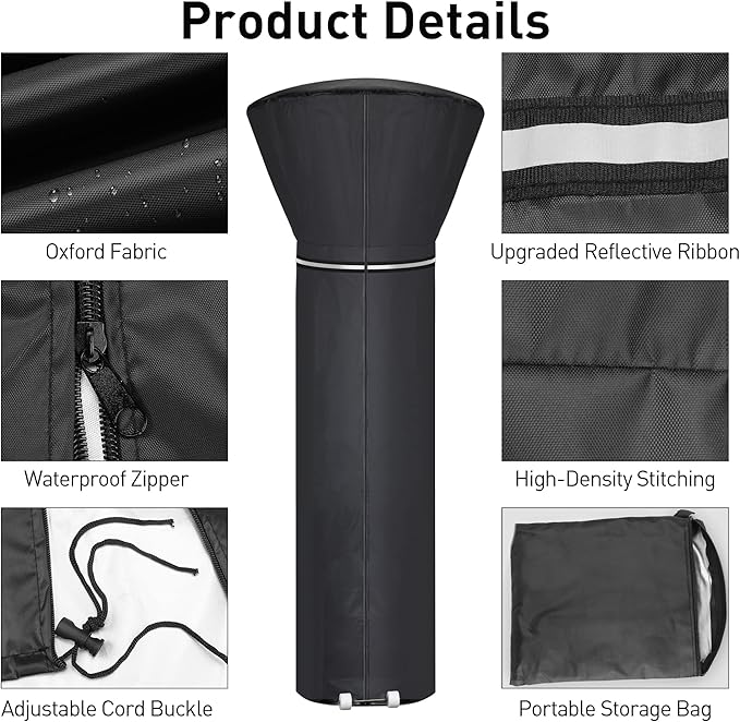 Patio Heater Covers with Reflective Strip,Outdoor Heater Cover Waterproof,Dustproof,Wind-Resistant,Sunlight-Resistant,Snow-Resistant,Black,89.5''x 33.5 Dome x 19.5 Base