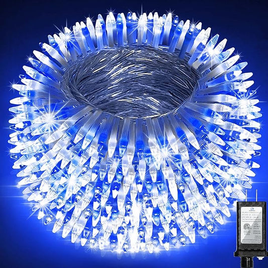 1500 LED Chrstmas Lights, 470ft Outdoor Christmas String Lights with 12 Modes, Blue Cool White LED String Lights with Timer Dimmable Waterproof for Tree Fence Xmas Wedding Party Decor Blue&Cool White