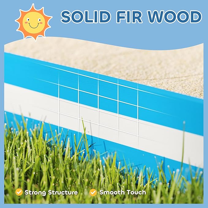 Qaba Kids Sandbox, Outdoor Wooden Sand Pit with 4 Corner Seats, Bottom Liner for Backyard, Garden, 52 x 52 x 6, Blue